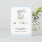 Beary First Birthday Blue Teddy Bear Einladung (Stehend Vorderseite)