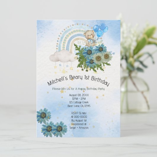 Beary First Birthday Boy Rainbow Boho Bear Einladung (Stehend Vorderseite)