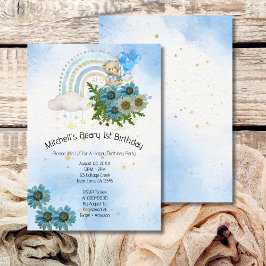 Beary First Birthday Boy Rainbow Boho Bear Einladung