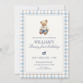 Beary First Birthday Boy Teddy Bear Gingham Einladung (Vorderseite)