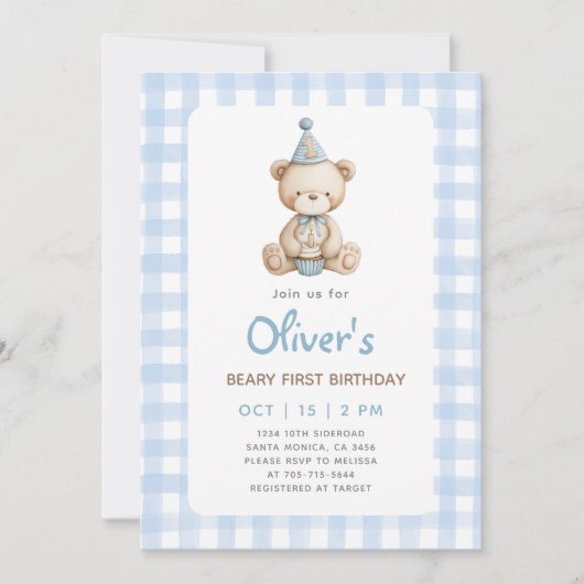 Beary First Birthday Einladung (Vorderseite)