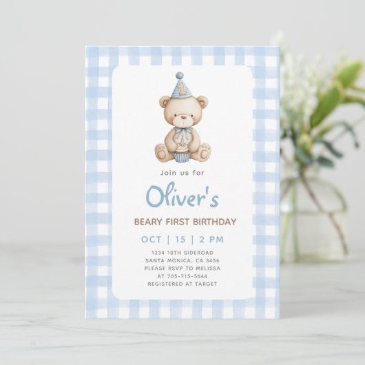 Beary First Birthday Einladung (Stehend Vorderseite)