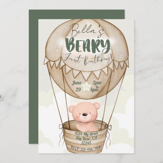 Beary First Birthday Einladung (Vorne/Hinten)
