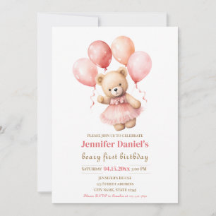 Beary First Birthday Einladung mit rosa Ballons