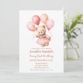 Beary First Birthday Einladung mit rosa Ballons (Stehend Vorderseite)