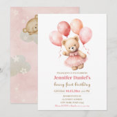 Beary First Birthday Einladung mit rosa Ballons (Vorne/Hinten)