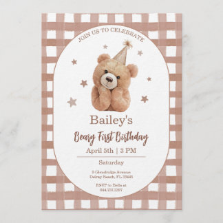 Beary First Birthday Gingham Einladung