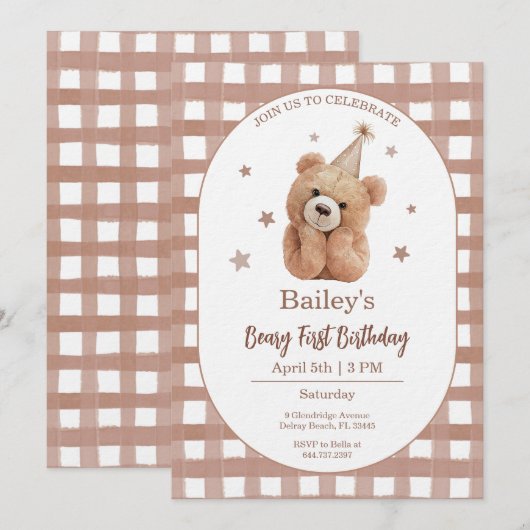 Beary First Birthday Gingham Einladung (Vorne/Hinten)