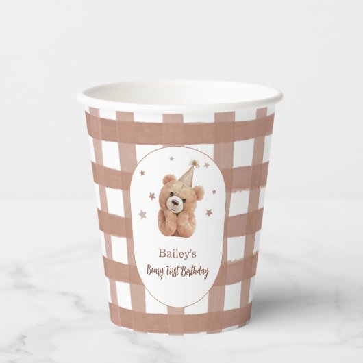Beary First Birthday Gingham Pappbecher (Vorderseite)