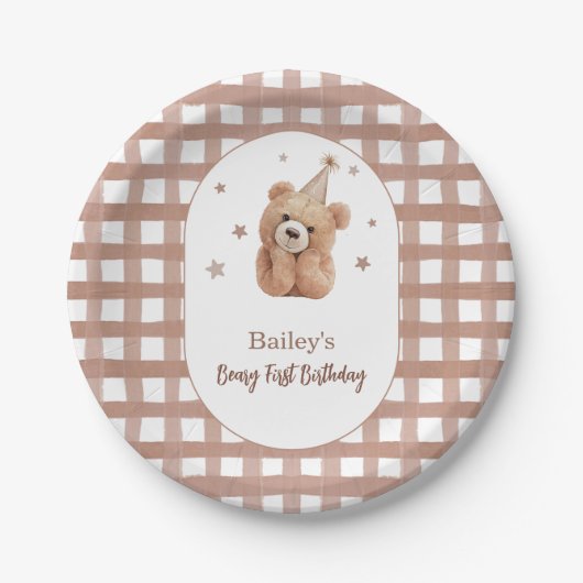 Beary First Birthday Gingham Pappteller (Vorderseite)