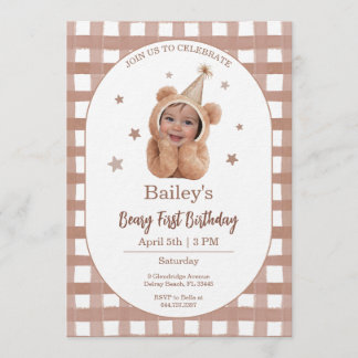Beary First Birthday Gingham Photo Invitation Einladung