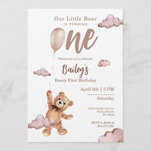 Beary First Birthday Invitation Einladung (Vorderseite)