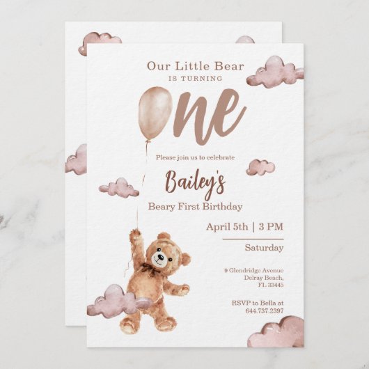 Beary First Birthday Invitation Einladung (Vorne/Hinten)