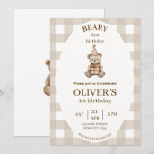 Beary First Birthday Invitation Gingham Editable Einladung (Vorne/Hinten)