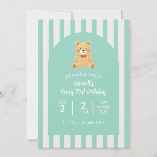 Beary First Birthday Invitation | Teal Einladung (Vorderseite)