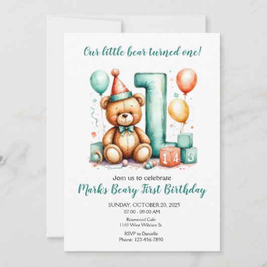 Beary First Birthday Invite, Cute Bear 1st invite Einladung (Vorderseite)