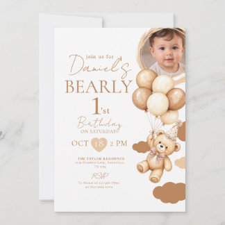 Beary First Birthday Junge Foto Bär Schleife Ballo Einladung