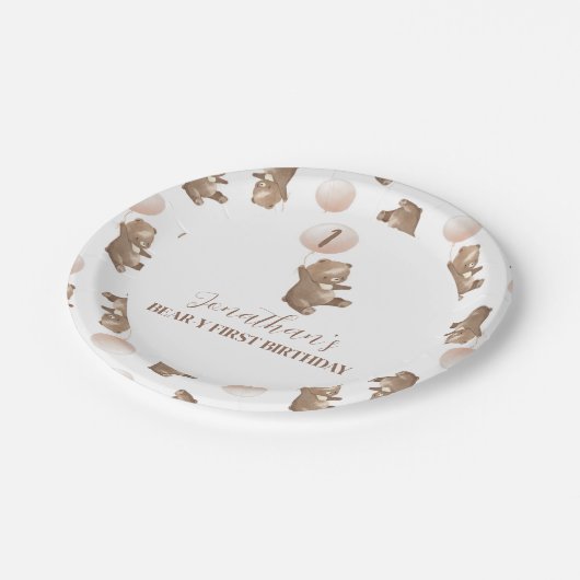 Beary First Birthday Paper Plate Pappteller (Schrägansicht)