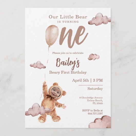Beary First Birthday Photo Invitation Einladung (Vorderseite)