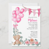 Beary First Birthday Pink Ballon Einladung (Vorderseite)