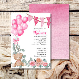 Beary First Birthday Pink Ballon Einladung