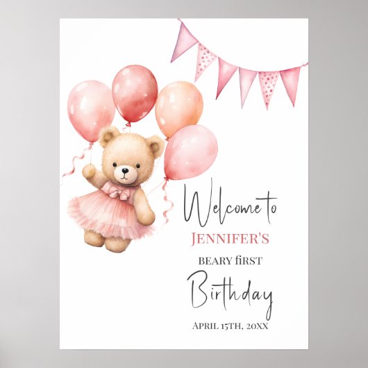 Beary First Birthday Poster Rosa Ballon (Vorne)