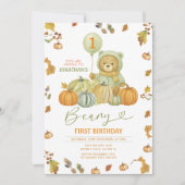 Beary First Birthday Pumpkin Green Autumn Leaves Einladung (Vorderseite)