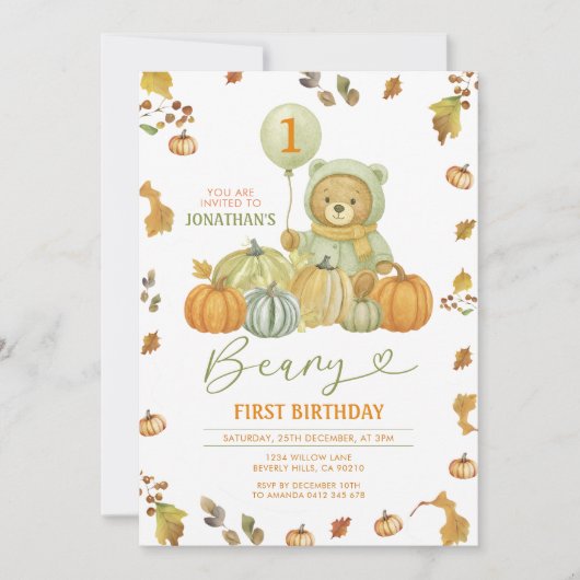 Beary First Birthday Pumpkin Green Autumn Leaves Einladung (Vorderseite)