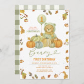 Beary First Birthday Pumpkin Green Autumn Leaves Einladung (Vorne/Hinten)