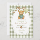 Beary First Birthday Pumpkin Sage Green Gingham Einladung (Vorderseite)