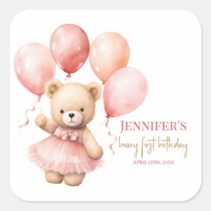 Beary First Birthday Quadratische Etiketten Für Pr Quadratischer Aufkleber