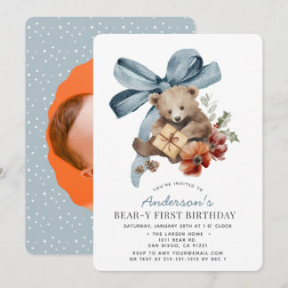 Beary First Blue Bow Boy 1. Geburtstagsfoto Einladung
