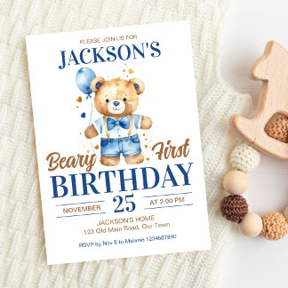 Beary first boys Geburtstag niedlich Teddy Blue Ba Einladung