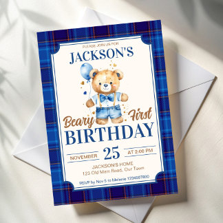 Beary first boys Geburtstag niedlich Teddy Blue Ba Einladung