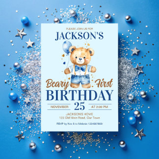 Beary first boys Geburtstag niedlich Teddy Blue Ba Einladung