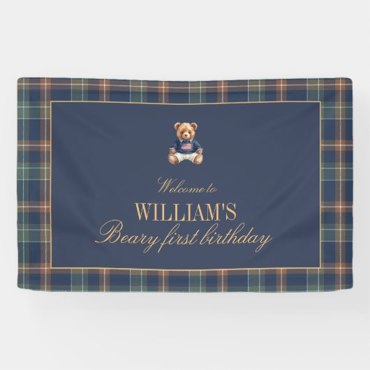 Beary First Navy Plaid Teddy Bear Birthday Banner  (Horizontal)
