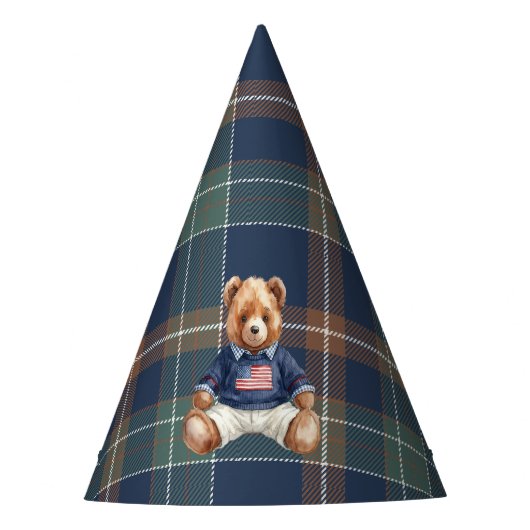 Beary First Navy Plaid Teddy Bear Birthday Party H Partyhütchen (Vorderseite)