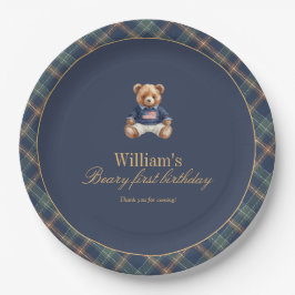Beary First Navy Plaid Teddy Bear Boy Birthday Pappteller