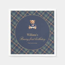Beary First Navy Plaid Teddy Bear Boy Birthday Serviette