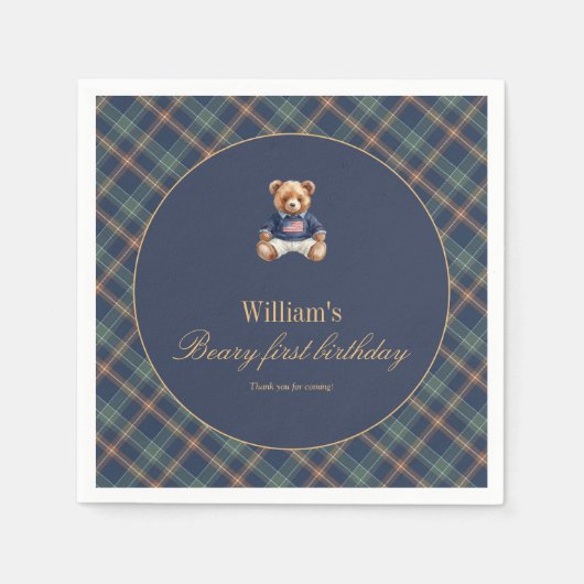 Beary First Navy Plaid Teddy Bear Boy Birthday  Serviette (Vorderseite)