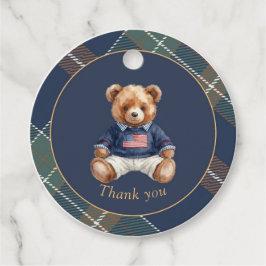 Beary First Navy Plaid Teddy Bear Round Favor Tag Geschenkanhänger