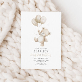 Beary First Neutral Balloon Boy 1st Birthday Teddy Einladung