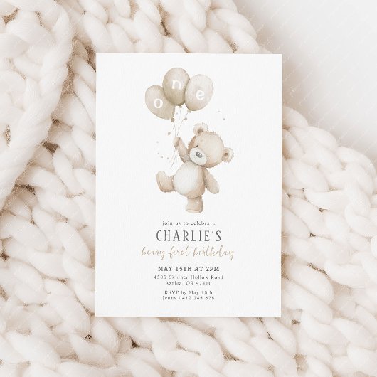 Beary First Neutral Balloon Boy 1st Birthday Teddy Einladung