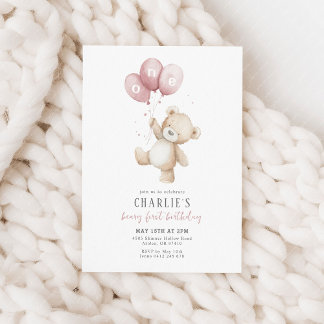 Beary First Pink Balloon Junge 1. Geburtstag Teddy Einladung