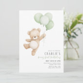 Beary First Sage Balloon Boy 1st Birthday Teddy Einladung (Stehend Vorderseite)