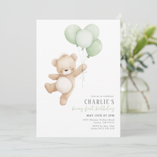 Beary First Sage Balloon Boy 1st Birthday Teddy Einladung (Stehend Vorderseite)