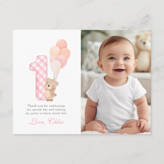 Beary First Teddy Bear Birthday Party Danke Postkarte (Vorderseite)