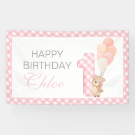 Beary First Teddy Bear Girl Gingham Birthday Party Banner