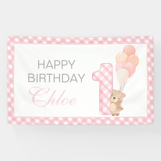 Beary First Teddy Bear Girl Gingham Birthday Party Banner (Horizontal)