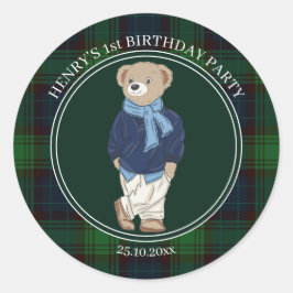 Beary first teddy bear green plaid birthday favor runder aufkleber